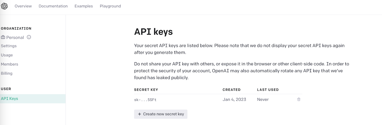 openAI API keys in the console