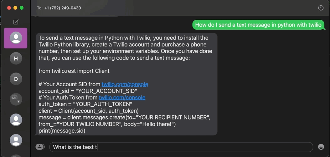 gif example of app showing SMS questions from user and answers from OpenaI