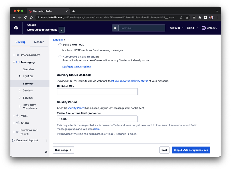 Screenshot of the fourth step to create a Messaging Service in the Twilio Console