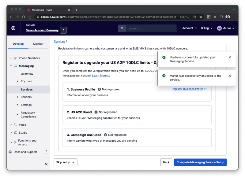 Screenshot of the fifth step to create a Messaging Service in the Twilio Console