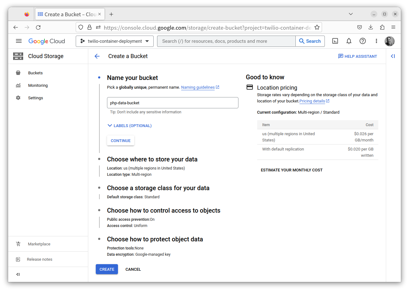 The Create a Bucket wizard in the Google Cloud Storage Console