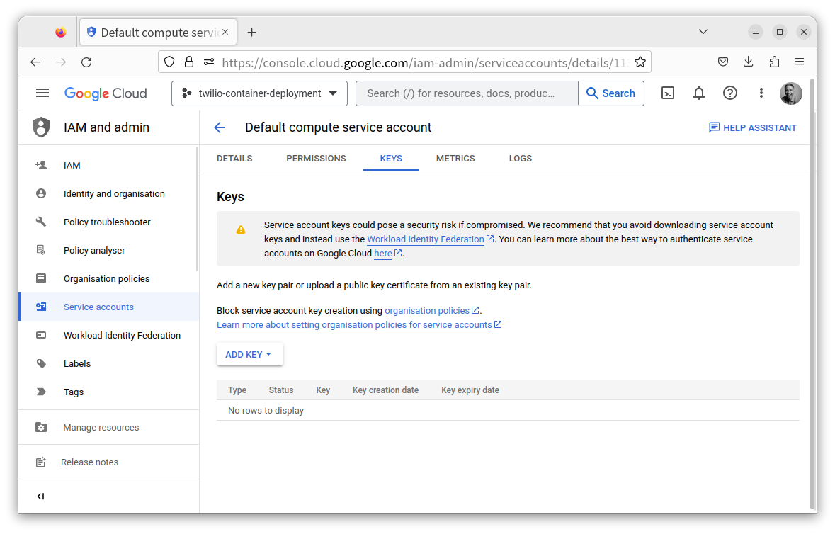 The page to create keys for a service account in the Google Cloud Storage Console