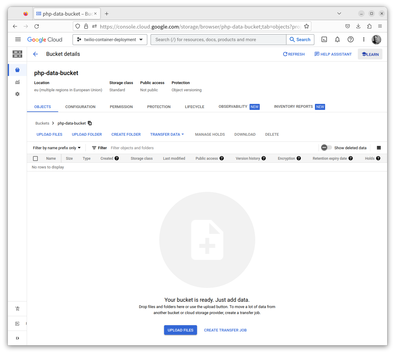 A newly created bucket, containing no objects in the Google Cloud Storage Console