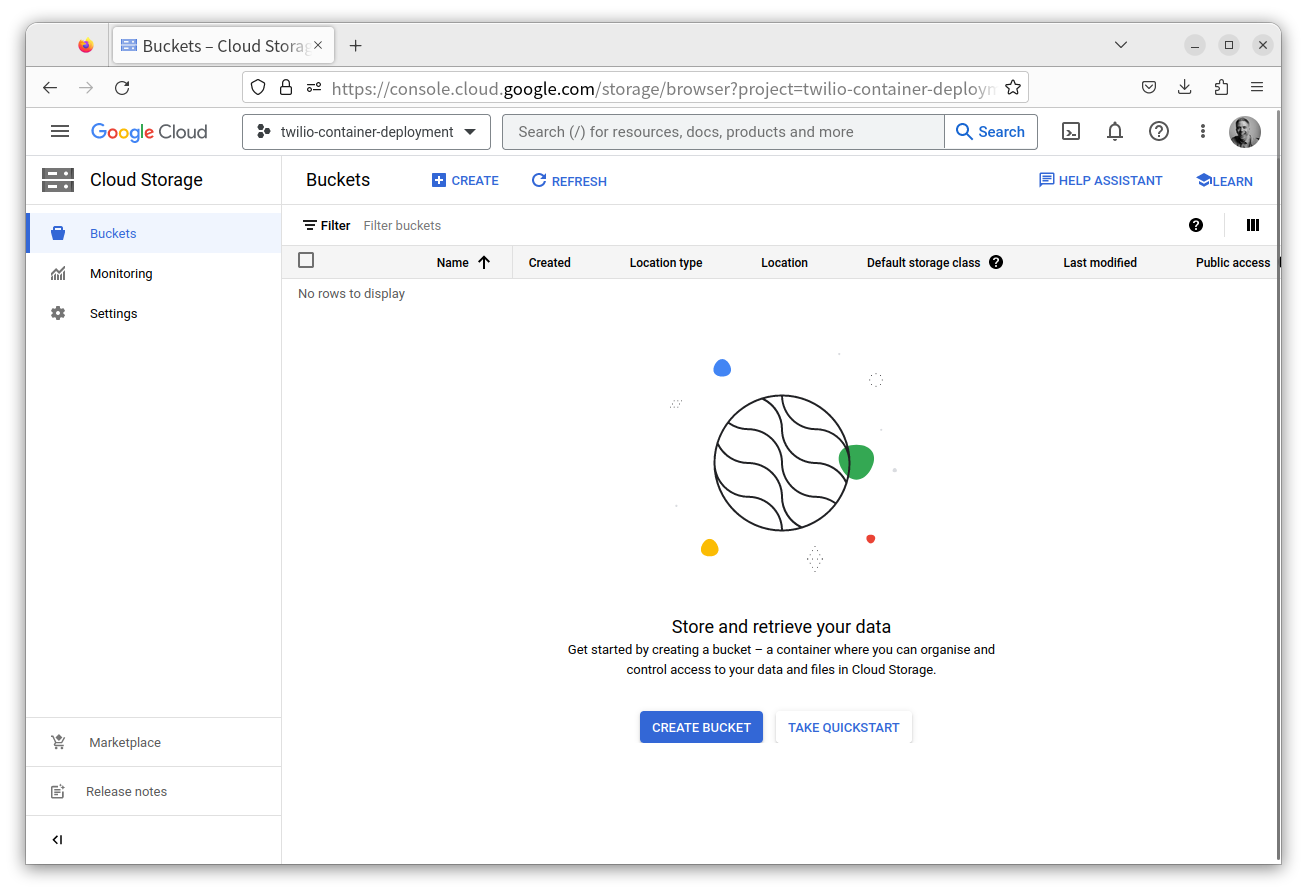 An empty list of buckets in the Google Cloud Storage Console