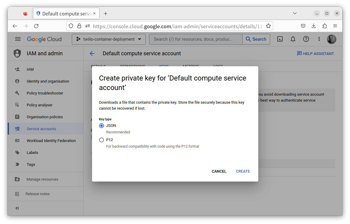 The private key type popup window when creating keys for a service account  in the Google Cloud Storage Console