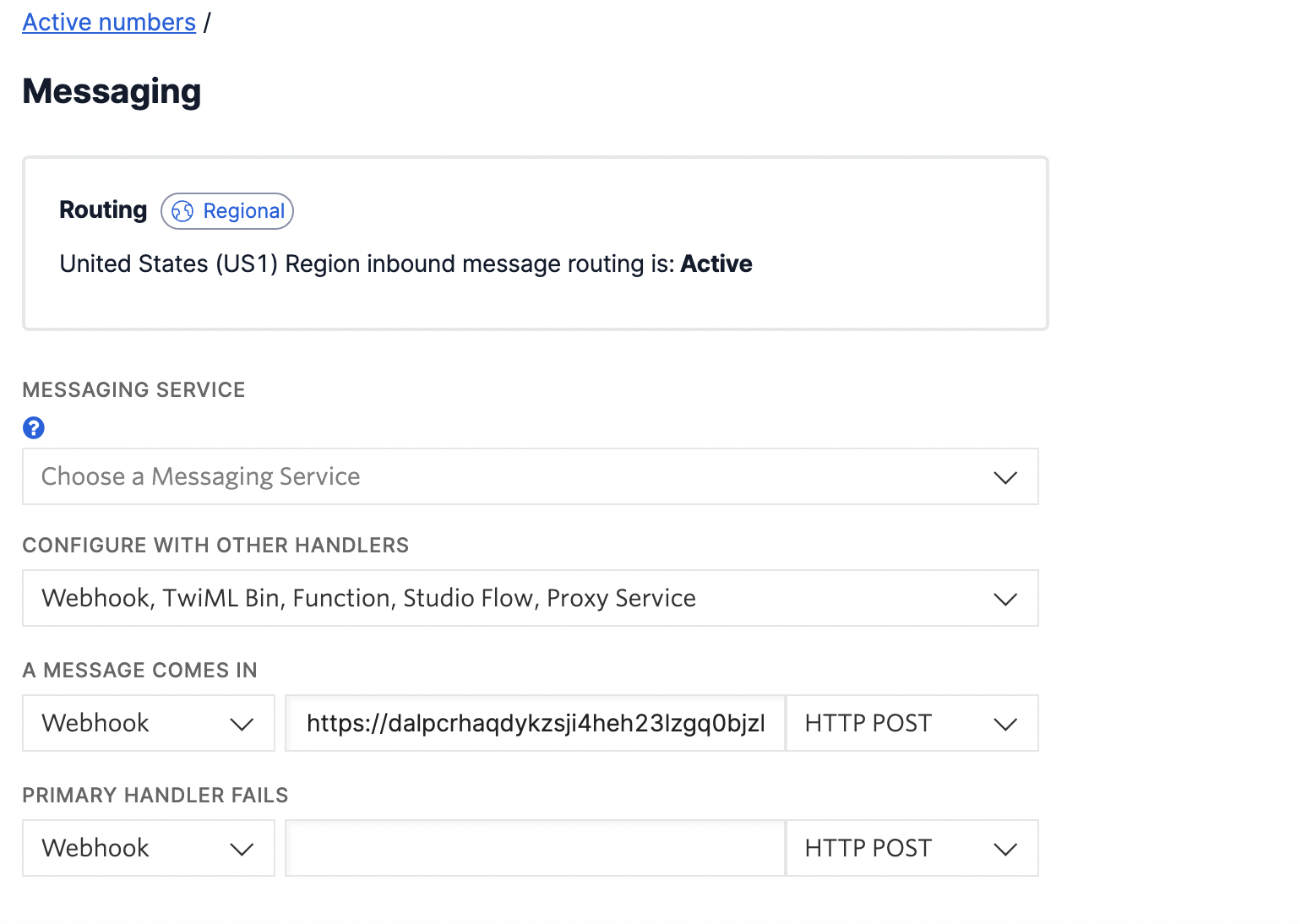 Messaging section of Twilio number configuration