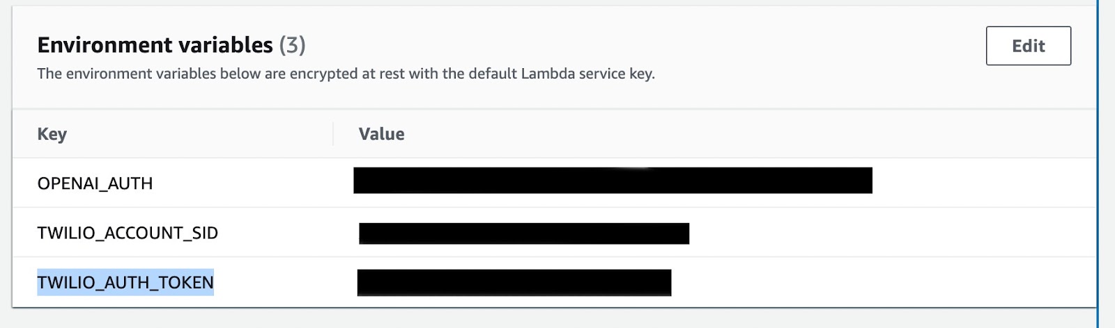 Environment variables section of Lambda Function