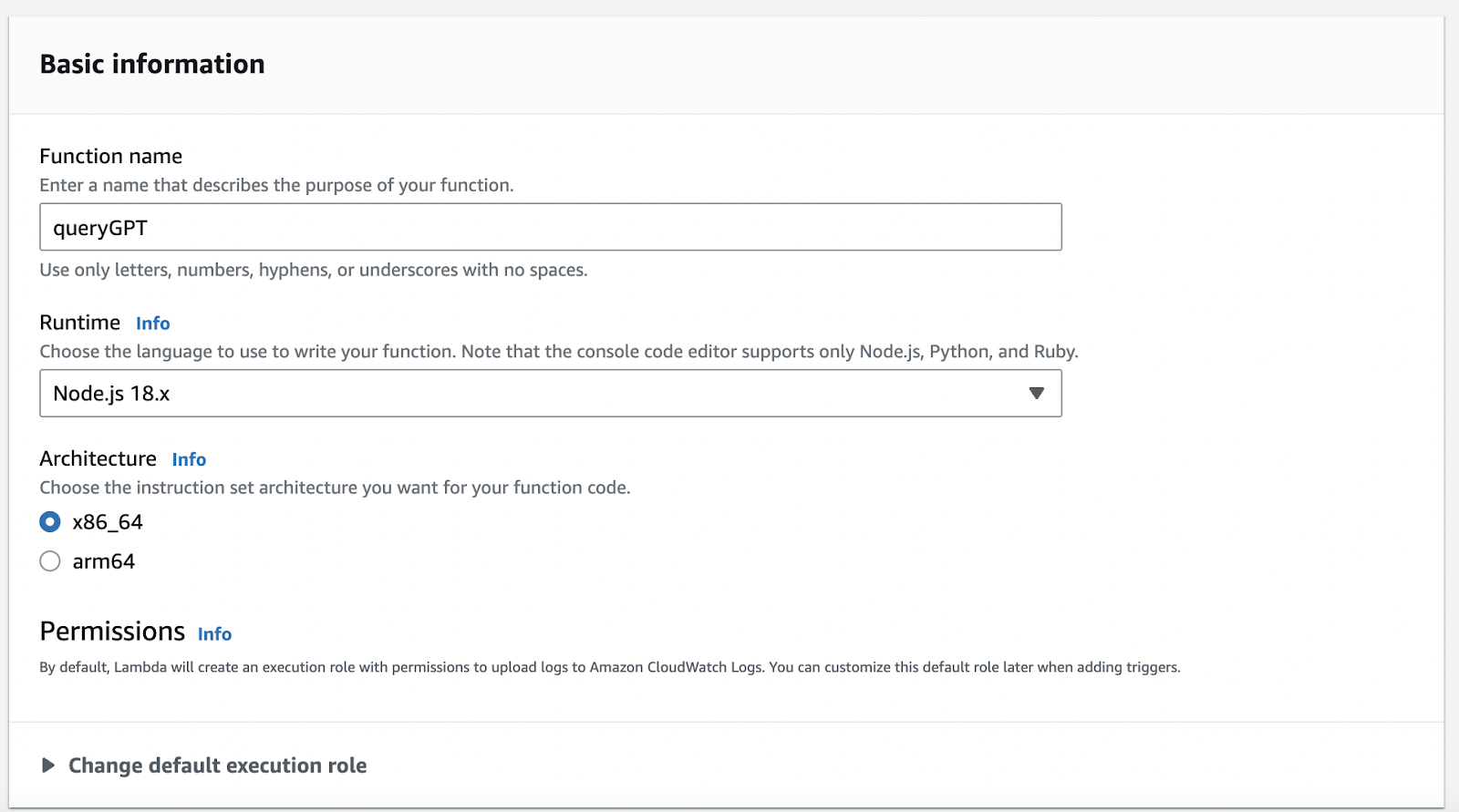 basic information filled out when creating Lambda function