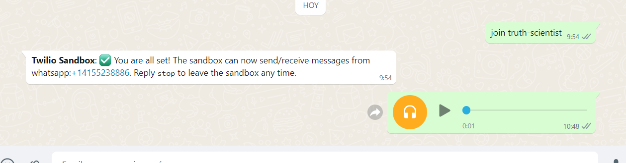 Audio message sent to the Twilio Sandbox using WhatsApp.