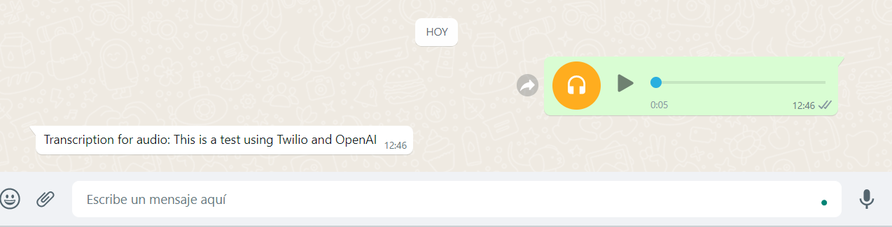 Result in WhatsApp of sending audio and receiving the transcribed text through OpenAI.