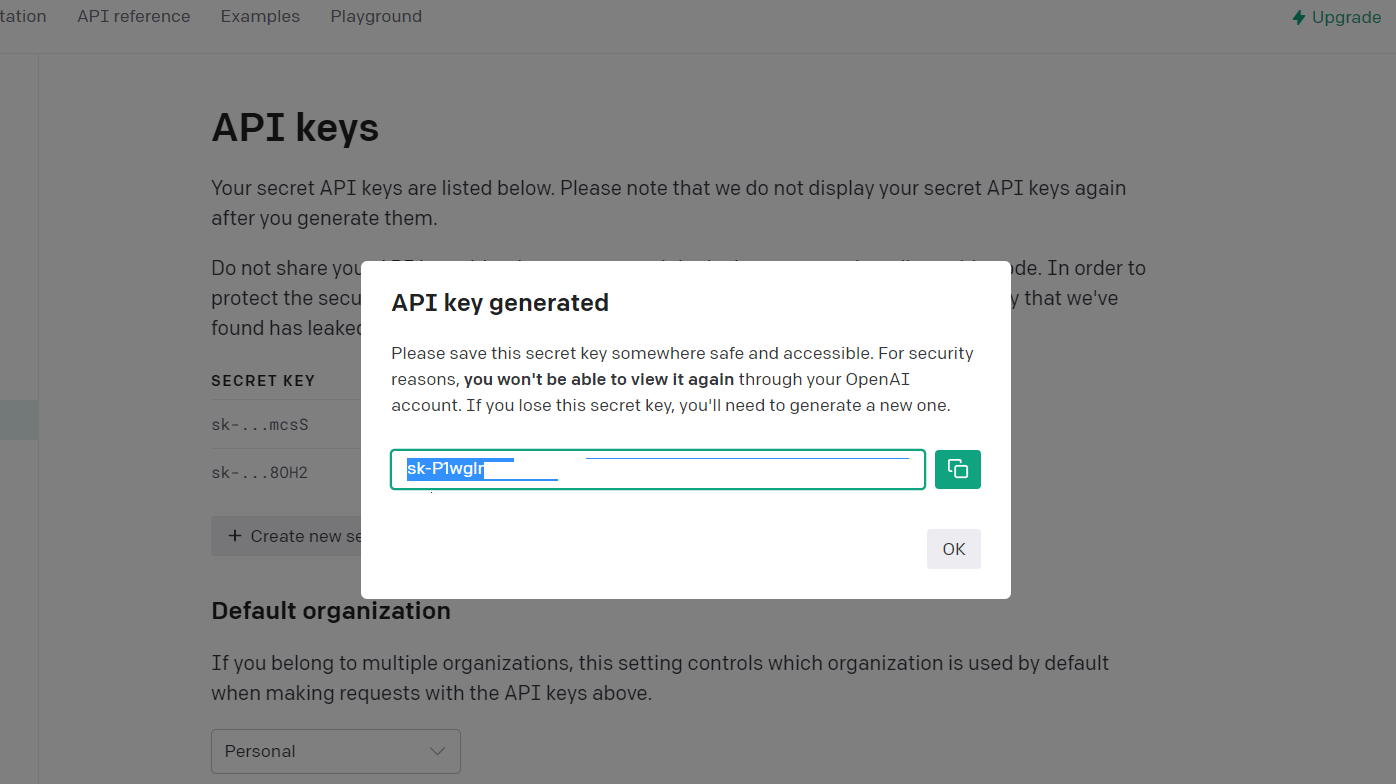 Page displayed with the secret key to use in the API, with the option to copy it to the clipboard.