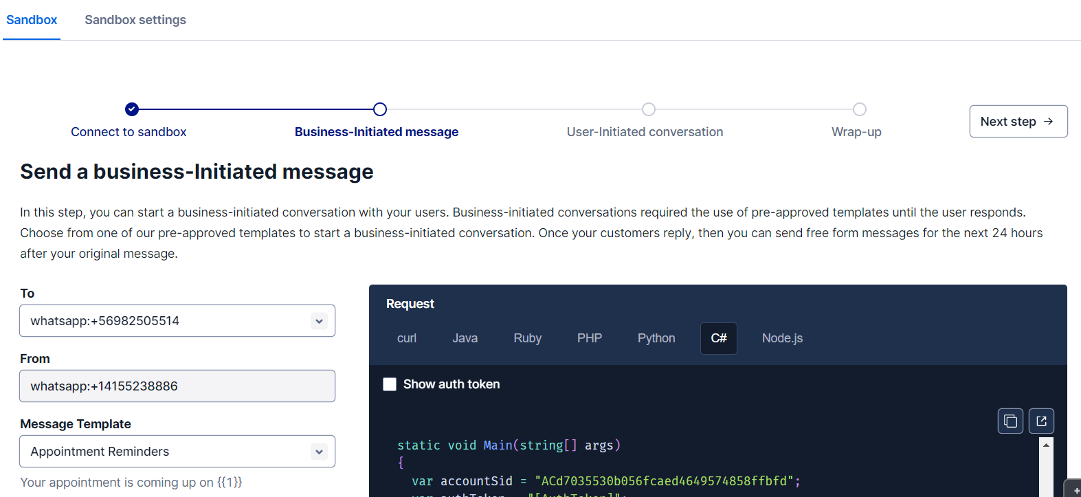 Twilio Sandbox for WhatsApp console for sending test messages, initializing the process with a test message