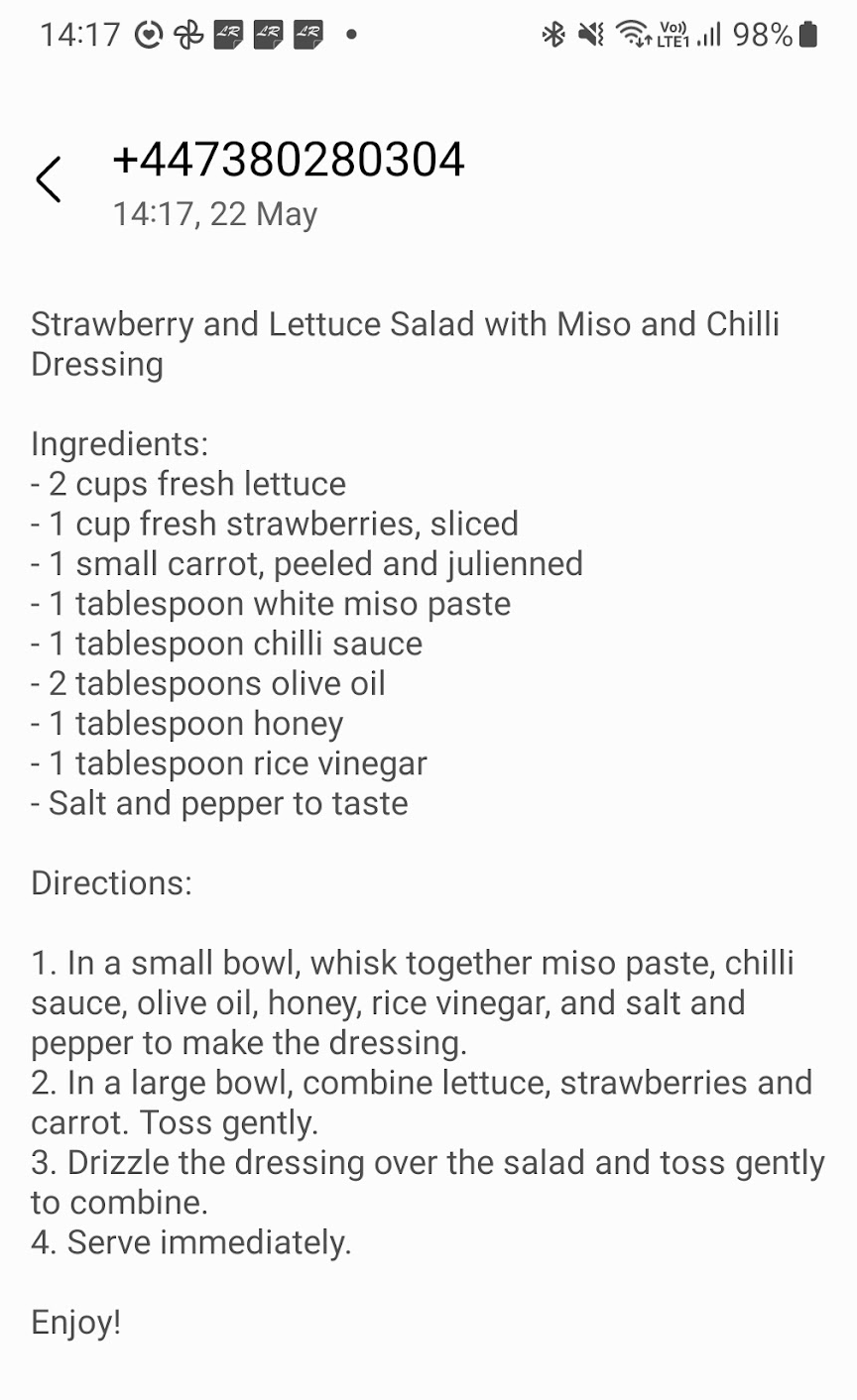SMS app screenshot. The bot replied with a long recipe for "Strawberry and lettuce salad with miso and chilli dressing", adding a a few more ingredients including honey and a pretty reasonable "mix and toss" salad recipe.