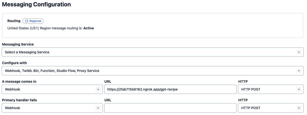 Screenshot of the twilio console showing where to set the SMS webhook URL