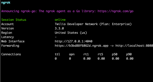 screenshot of ngrok output. It shows a "forwarding URL" which starts "http" among a bunch of other output.