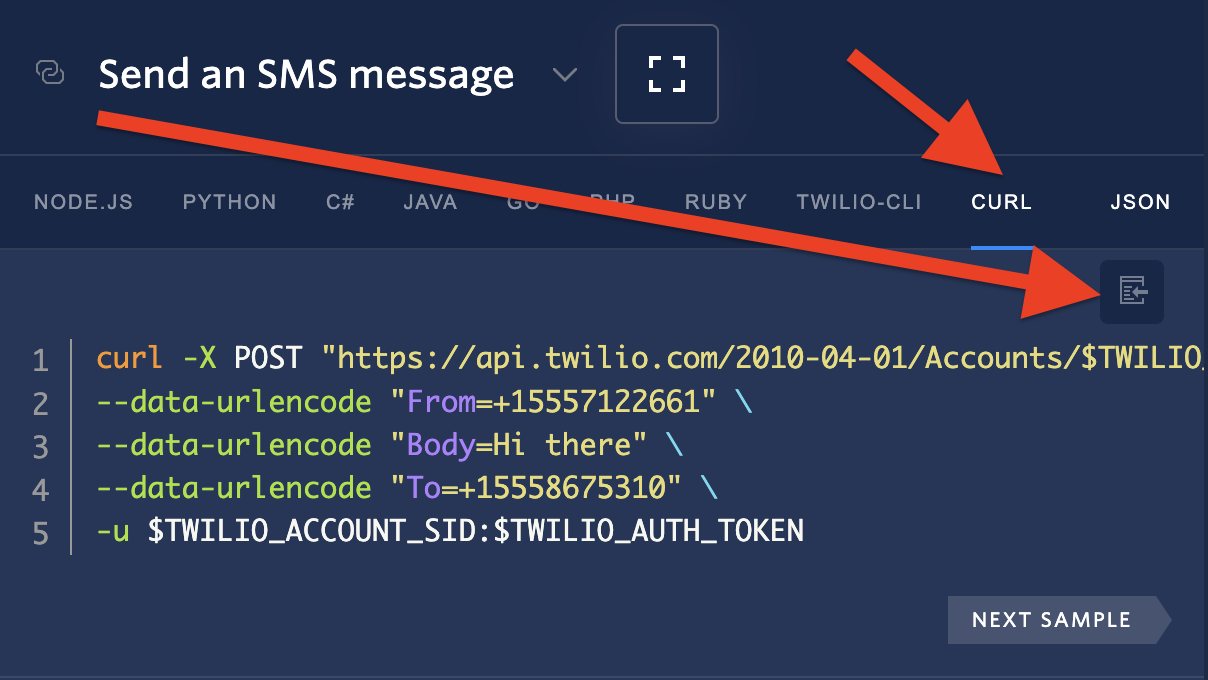 curl tab and Copy button in the Twilio Docs code rail