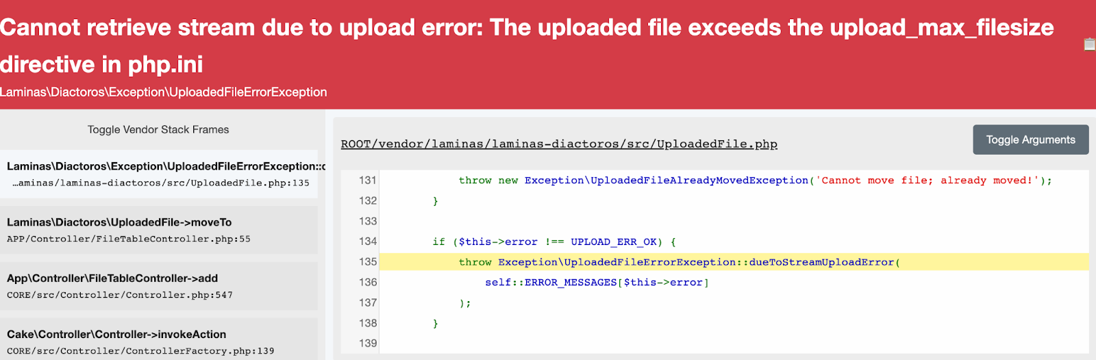 An example of an error that may be encountered when uploading a file, caused by the file exceeding PHP&#x27;s upload_max_filesize directive.