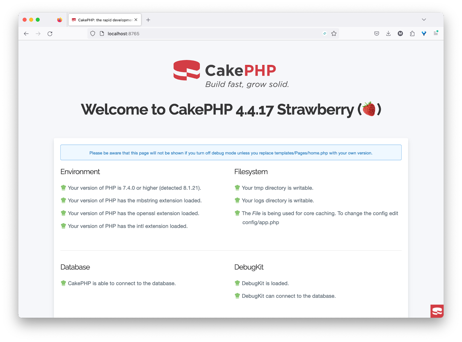 The default CakePHP 4.4.17 home page