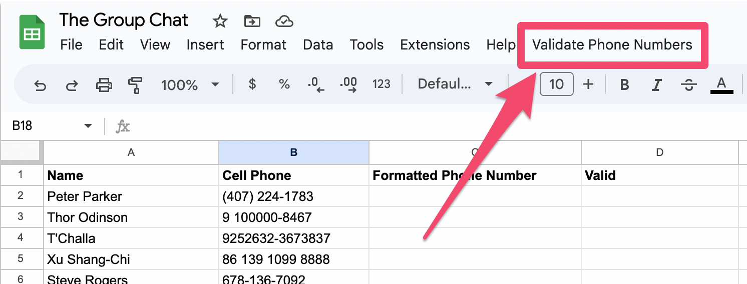example google sheet with new validate phone numbers menu item to the right of "Help"