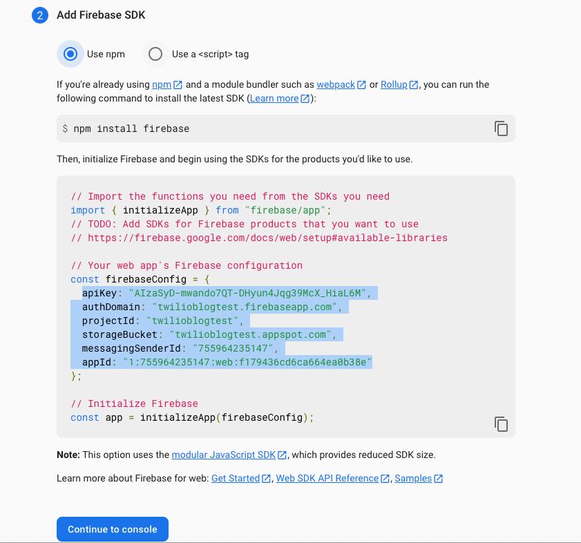 Firebase config information