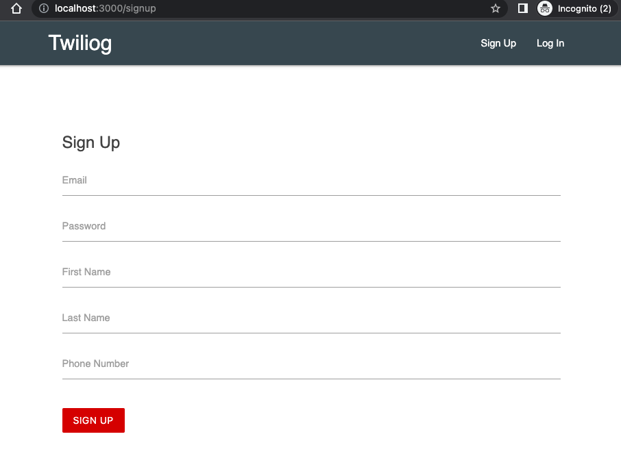 Mock signup page for Twiliog