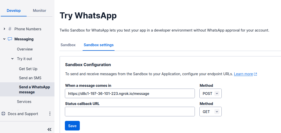 Twilio WhatsApp Sandbox Settings
