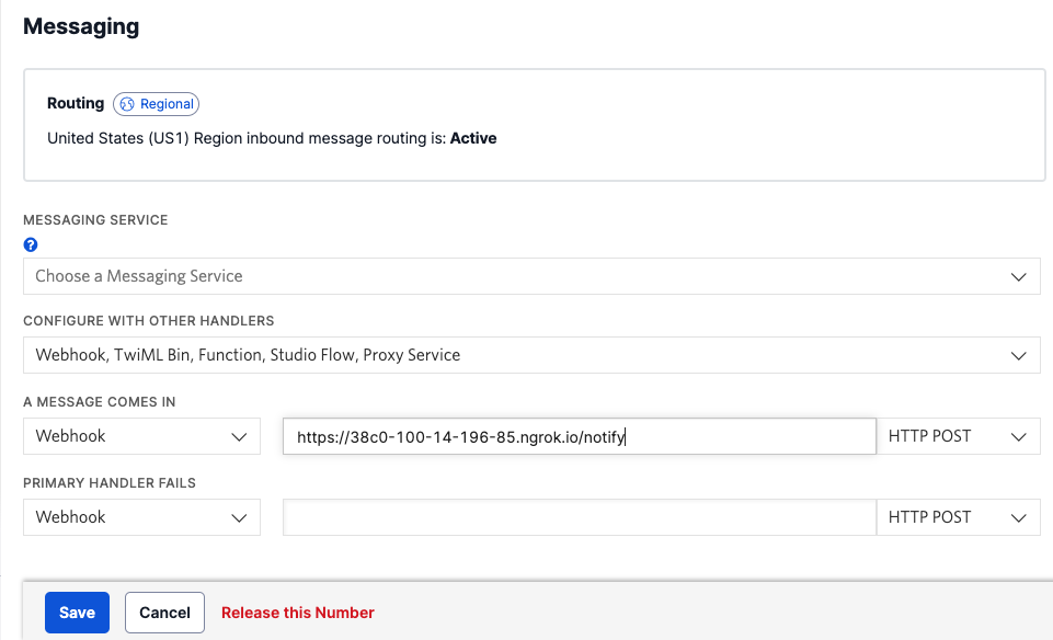 Configure webhook in Twilio Console