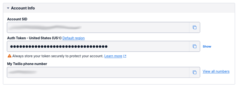 The Twilio Console Account Info panel