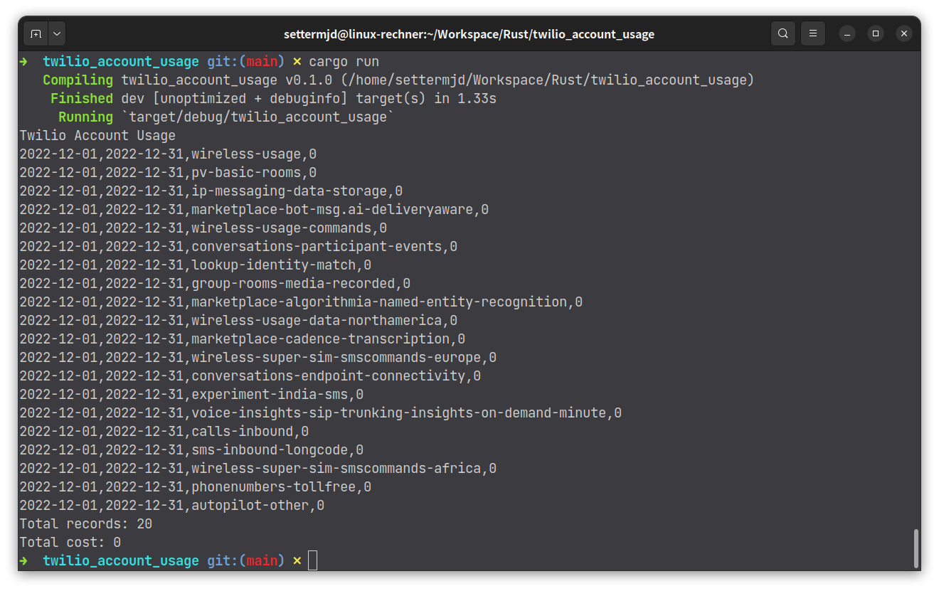 An example of the application displaying its output in the (Gnome) terminal