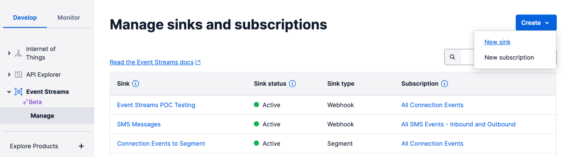 Manage sinks and subscriptions