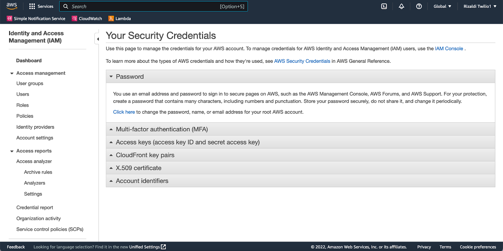 "Your Security Credentials" page in AWS console