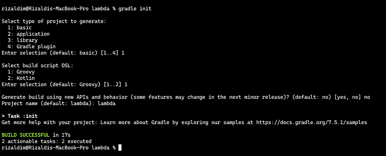 Running "gradle init" command in terminal
