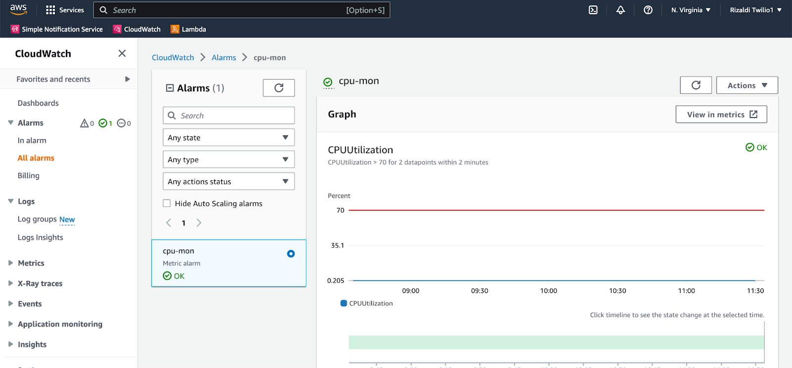 Detail page of "cpu-mon" alarm in AWS console