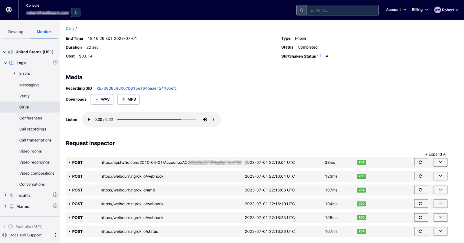 Twilio Console Request Inspector screenshot