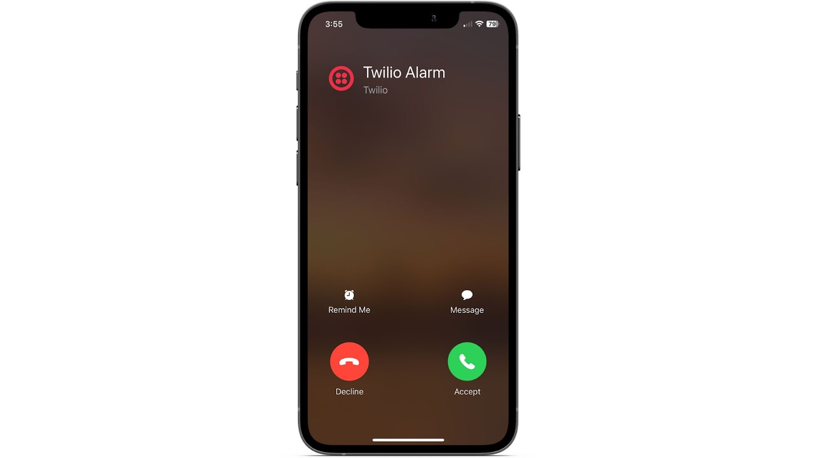 Phone displaying a phone call from "Twilio Alarm"