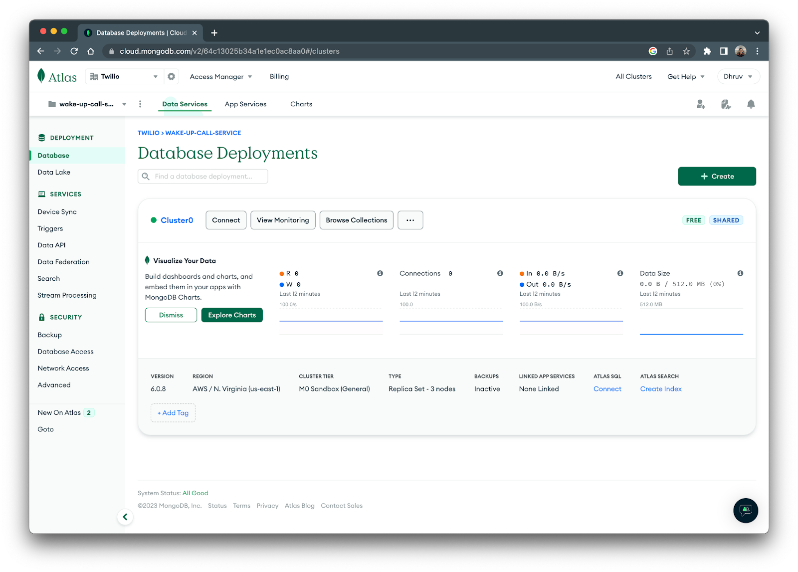 New database cluster showing on MongoDB