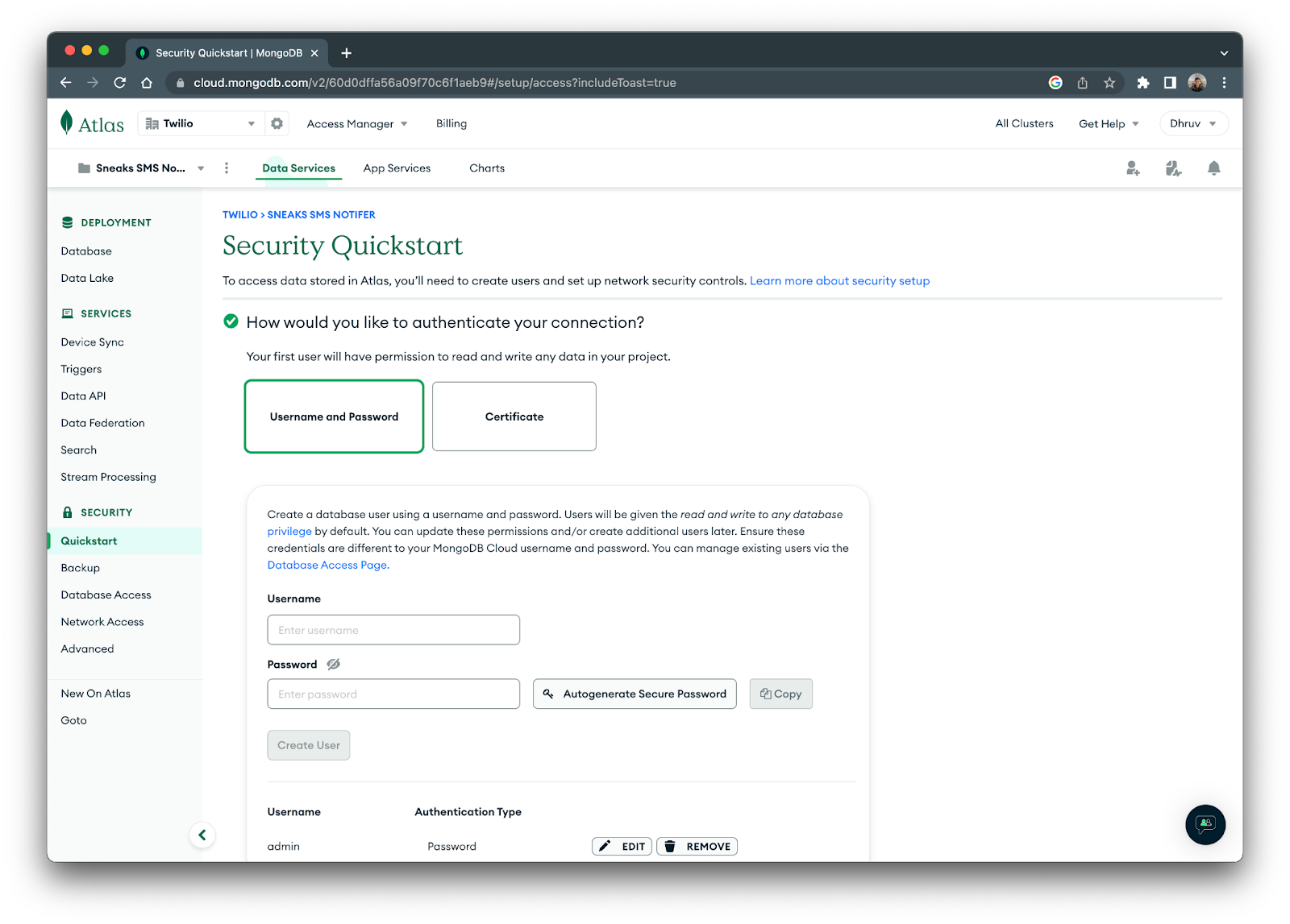 Security Quickstart section in database configuration