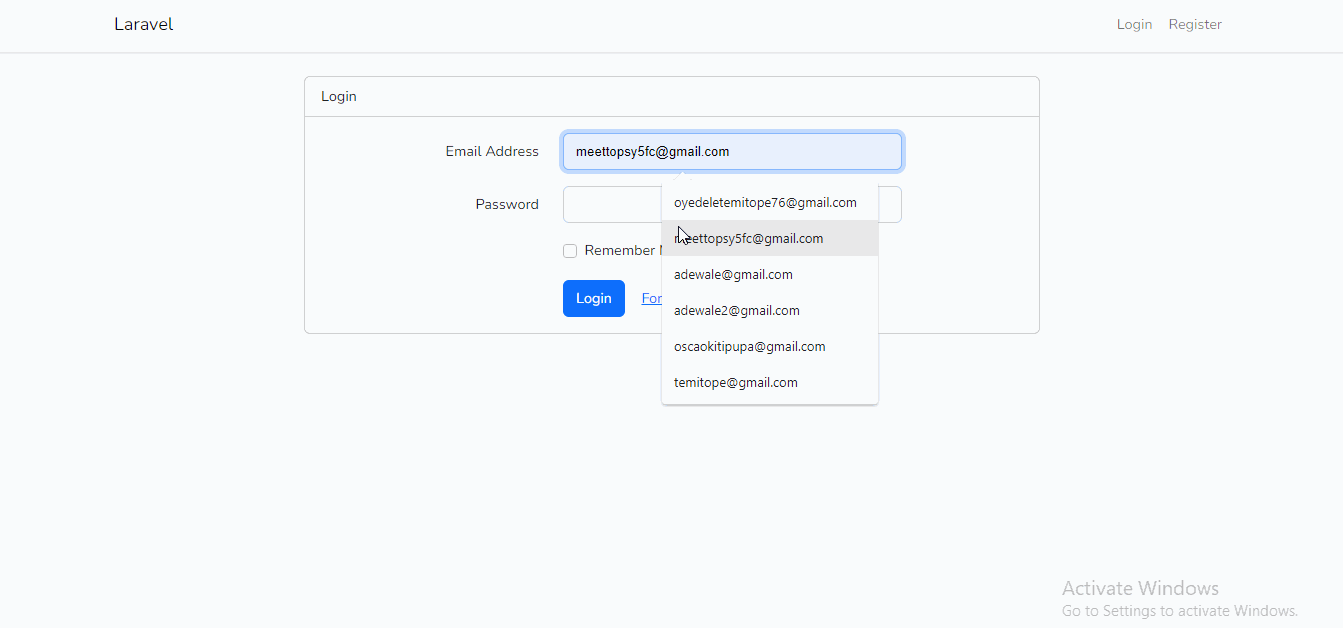 An animation showing logging into the Laravel application as an unsubscribed user.