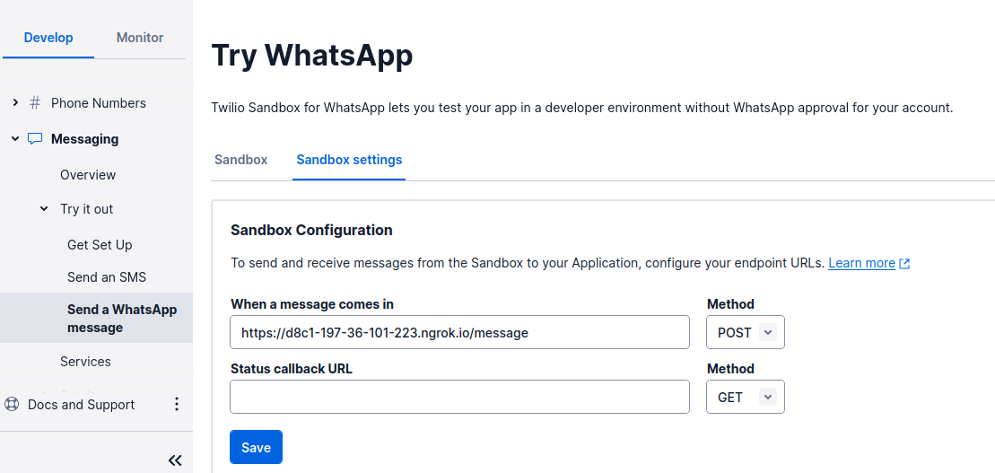 Twilio sandbox settings