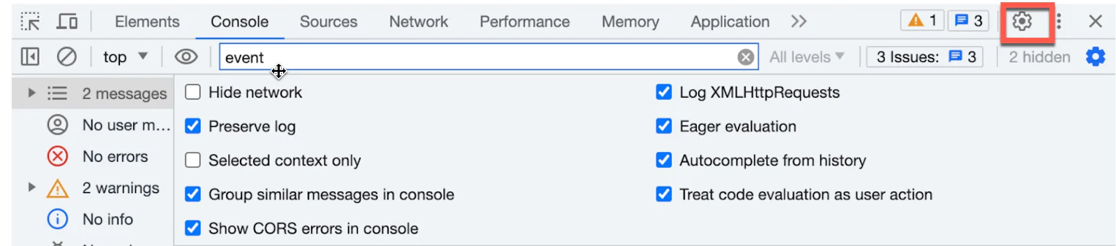 The Chrome DevTools Console panel displayed with logs filtered by the term 'event' and various settings icons highlighted.
