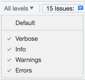Dropdown with filter options and issue counter showing 15 issues in categories