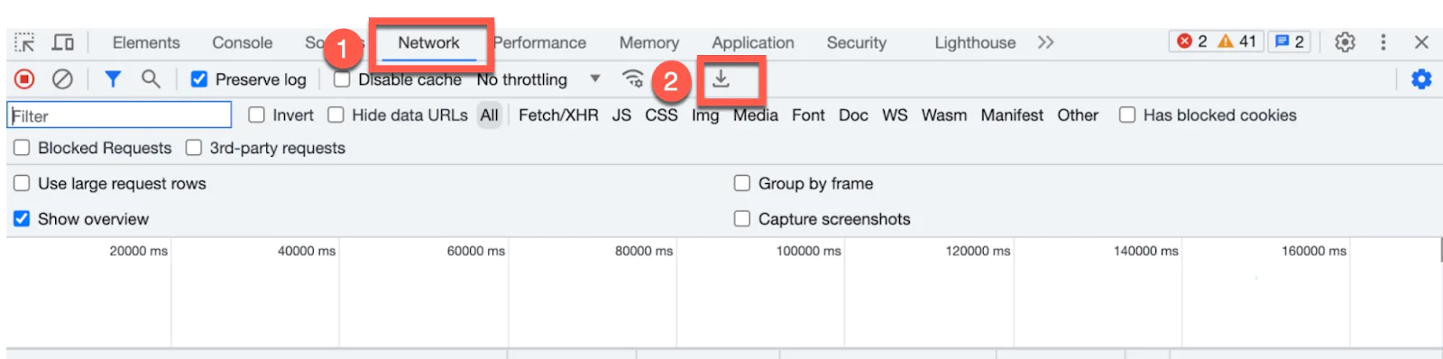 Chrome DevTools with Network panel selected and download button highlighted.