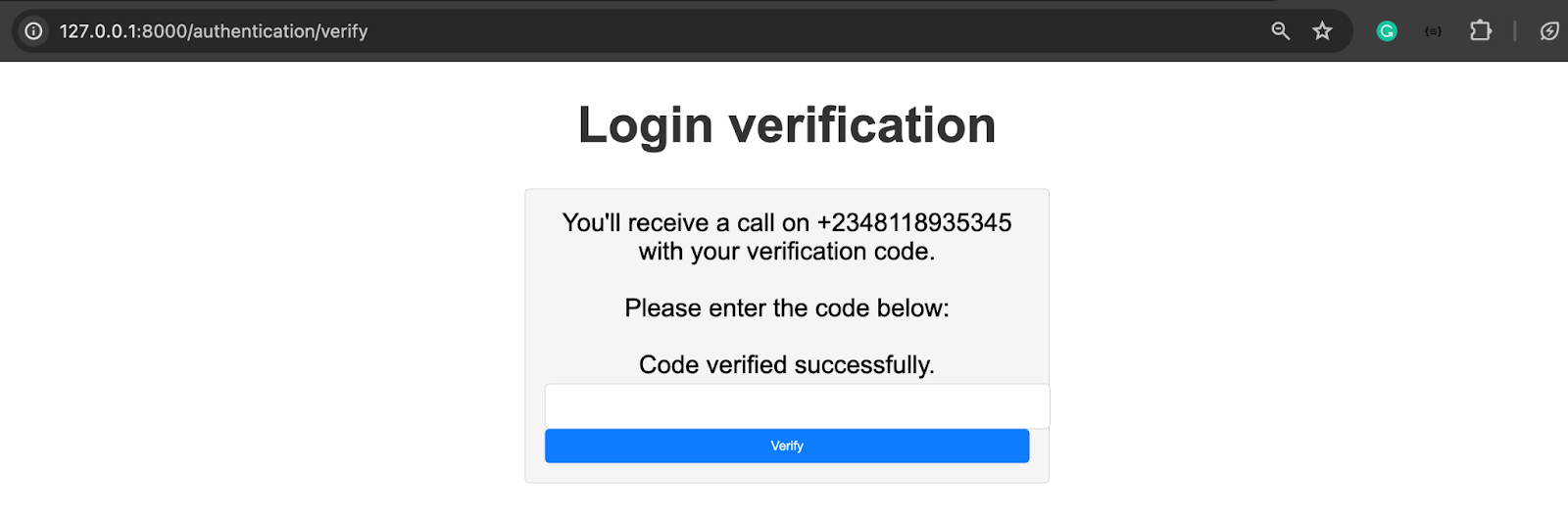 The Login Verification page success message.