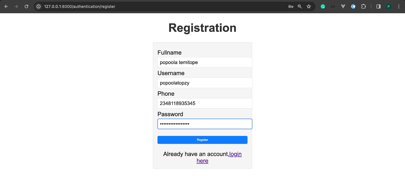 The registration page of the application with the new user"s full name, username, phone number, and password entered into the registration form.