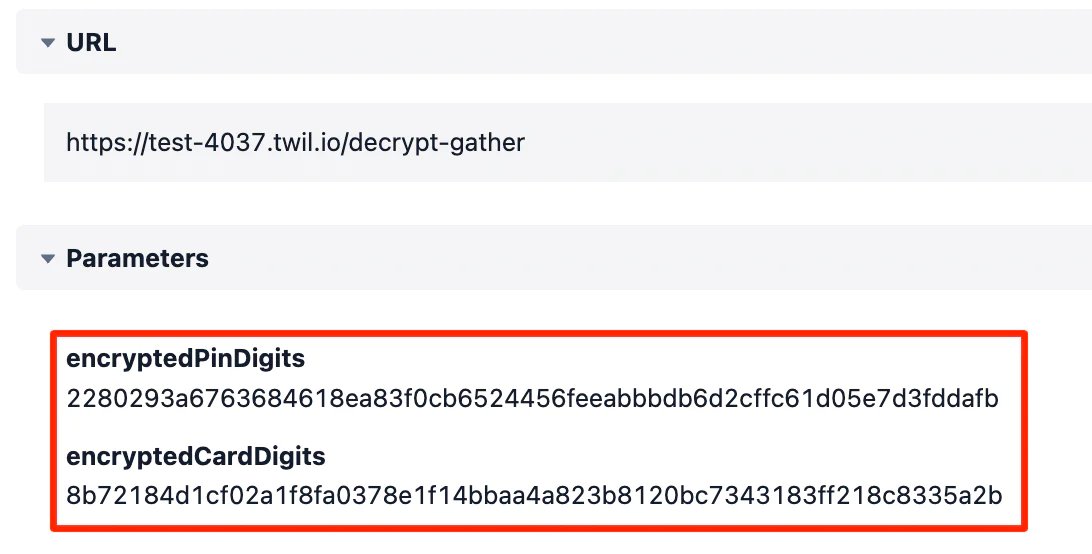 Screenshot showing URL and encrypted parameters for pin and card digits on a webpage