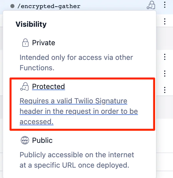 Dialog box showing visibility options with the Protected status requiring Twilio Signature header.