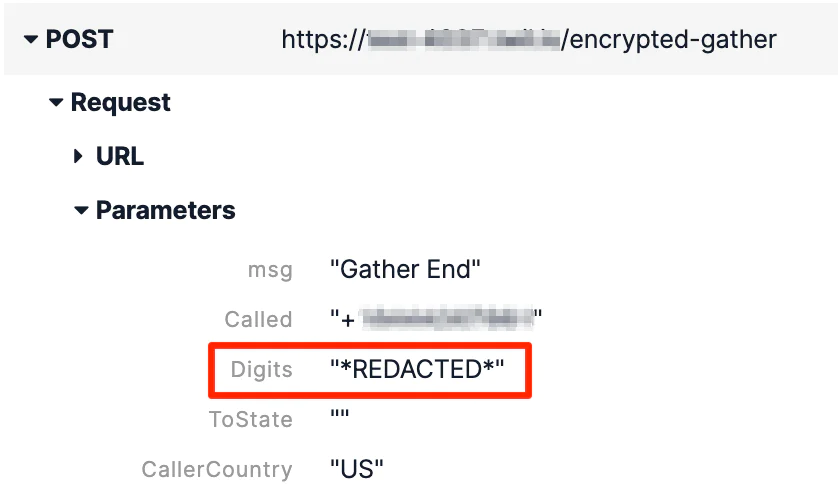 Screenshot showing a POST request with redacted digits and other partially hidden parameters.
