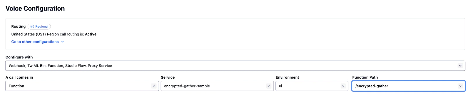 Screenshot of a voice configuration settings page in an online dashboard with various dropdown menus and options.