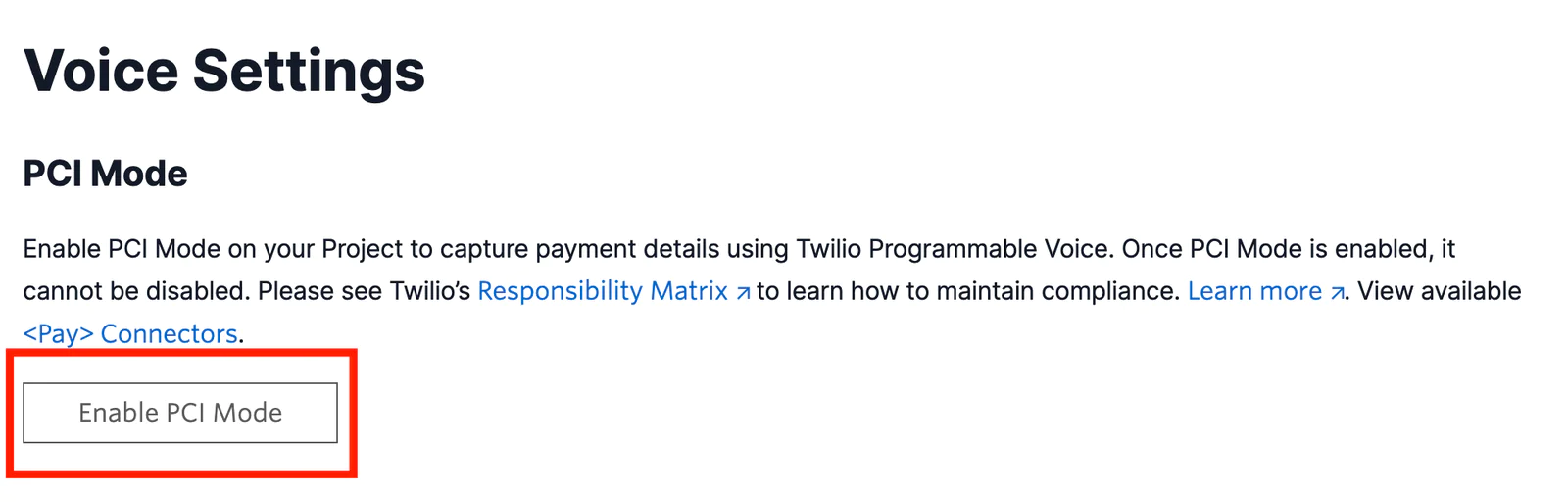 Screen showing PCI Mode enablement button in Twilio Voice Settings