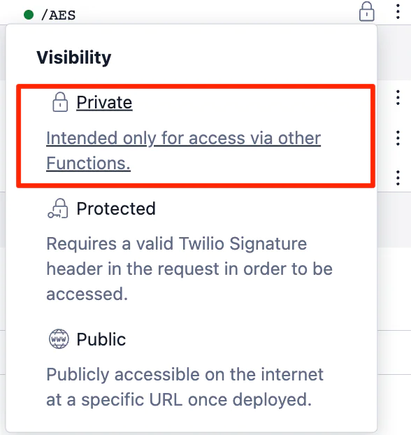 Visibility settings in Twilio Functions with options for Private, Protected, and Public access.
